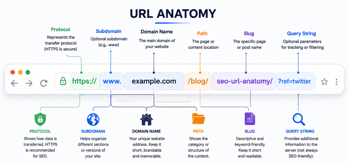 URL structure showing protocol domain path and slug